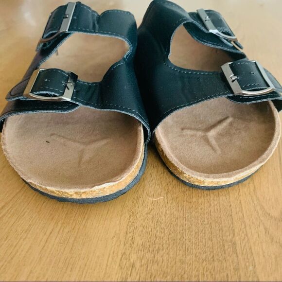 Twin Buckle Band Black Cork Sole Slide Sandals - Picture 8 of 10